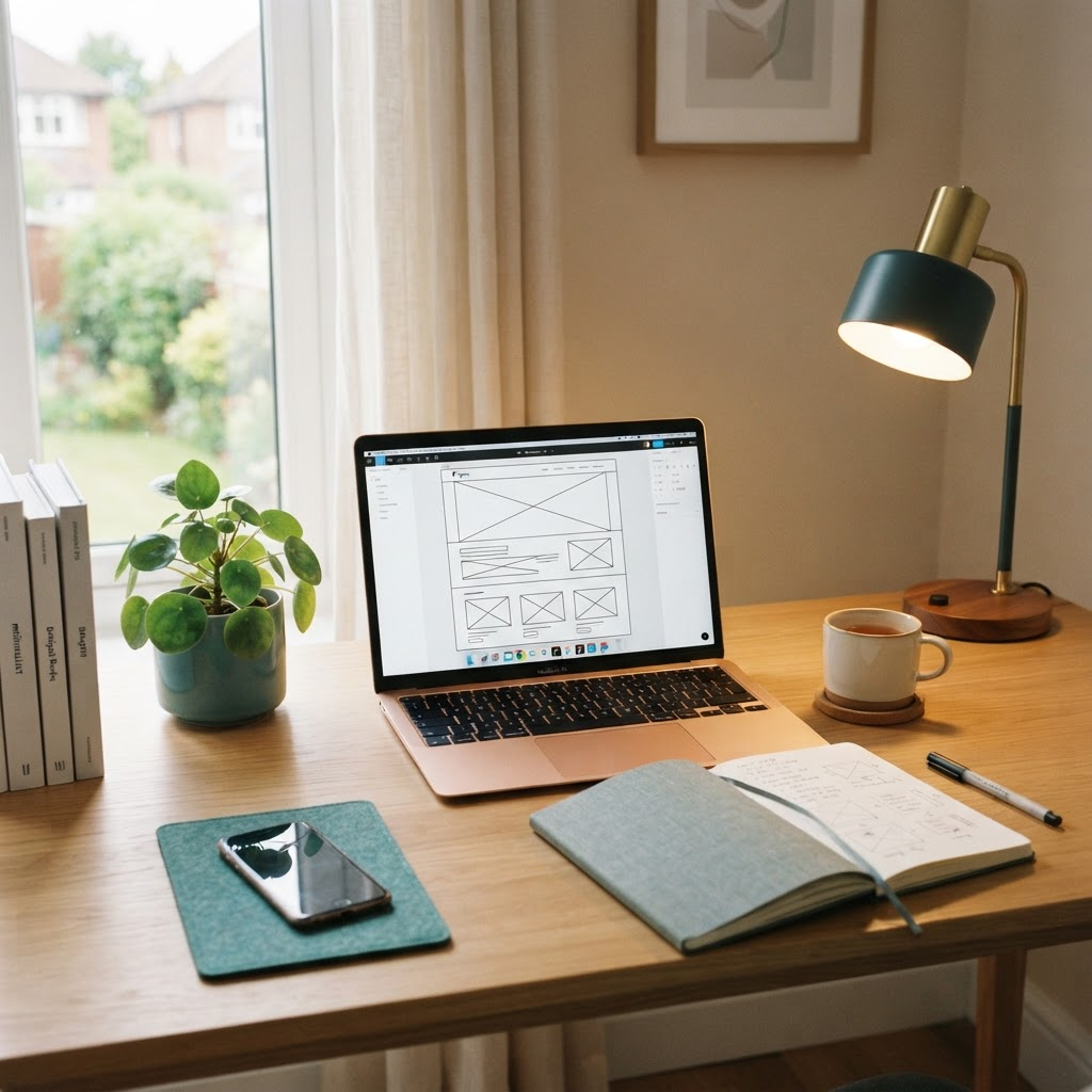 A tidy home desk with a laptop open to a simple website wireframe layout