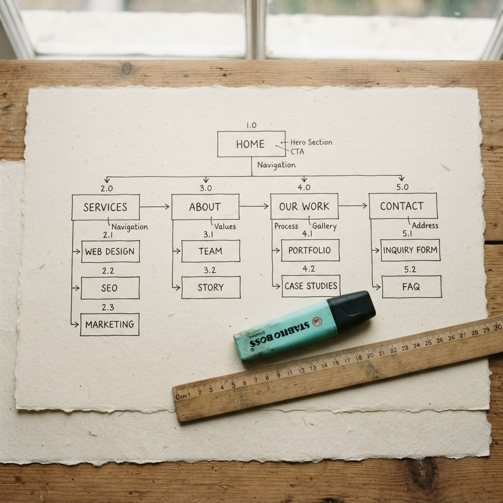 A hand-drawn sitemap worksheet with labeled page boxes used to plan a website