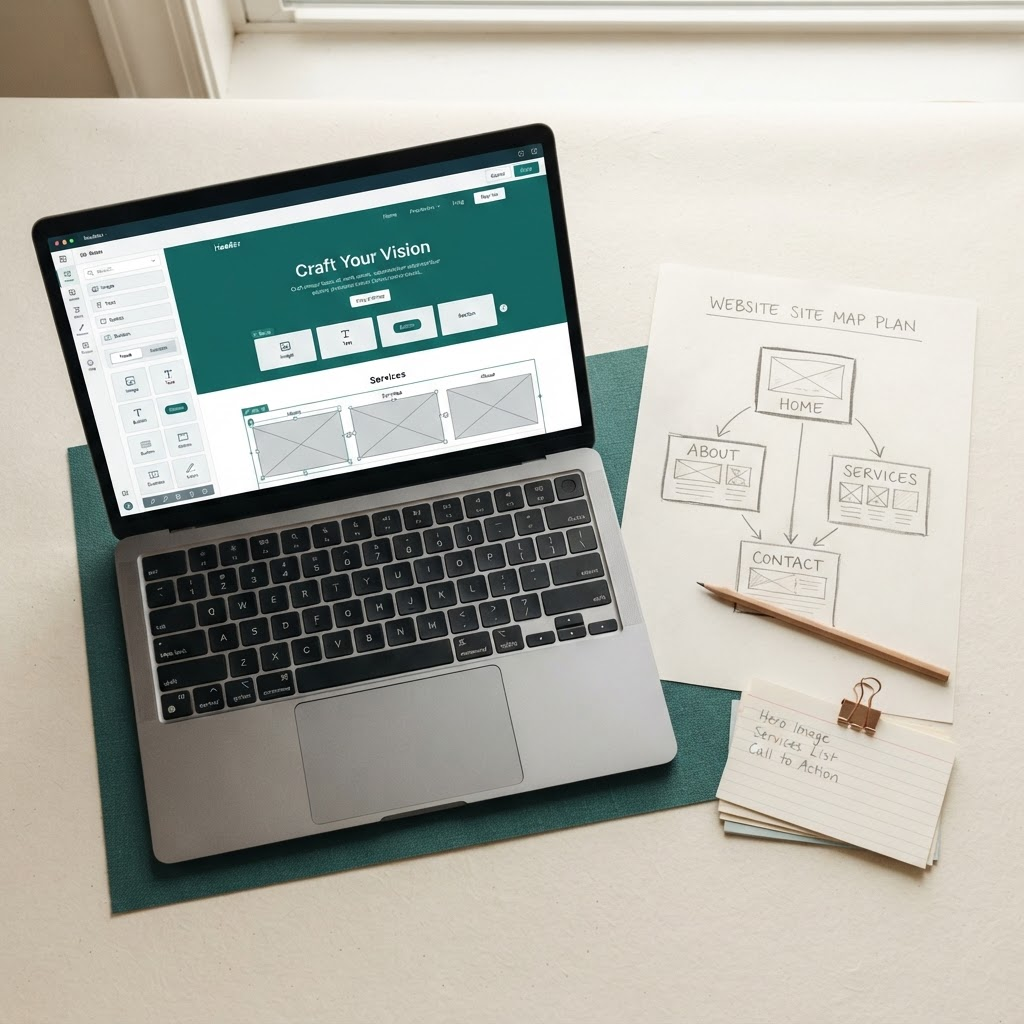 A laptop showing a no-code website builder next to a hand-sketched sitemap worksheet