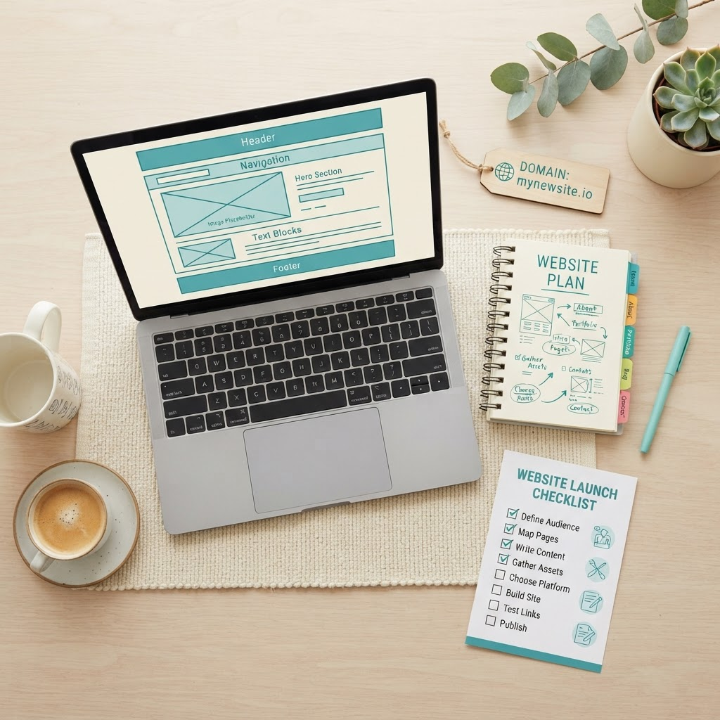 A simple beginner toolkit: a laptop with wireframe blocks, a notebook, and a checklist card
